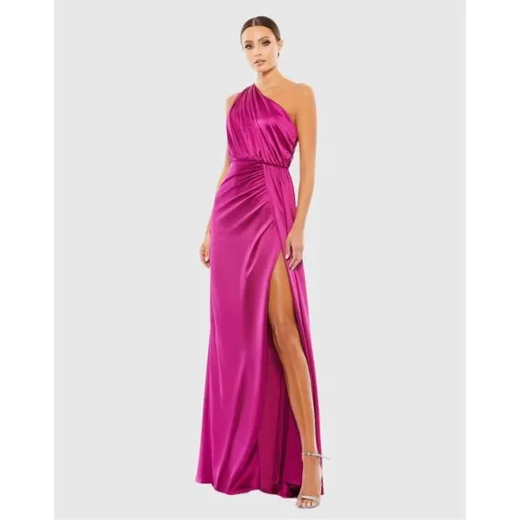 NWT Ieena for Mac Duggal One Shoulder Slit Satin Faux Wrap Maxi Gown Berry Sz 6 - Picture 2 of 13